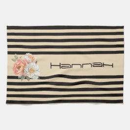 Beige Top med Brown Rand Blommigt Kökshandduk