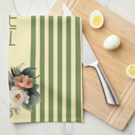 Beige Top med Oliv grönt Rand Blommigt Kökshandduk