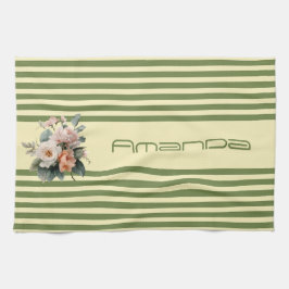 Beige Top med Oliv grönt Rand Blommigt Kökshandduk