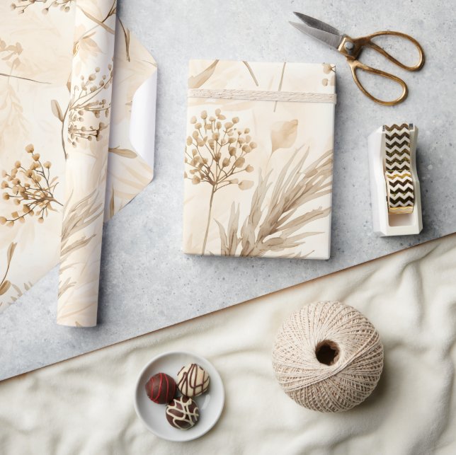 Beige Torkad Blomma Botanisk Presentpapper (Hantverk)