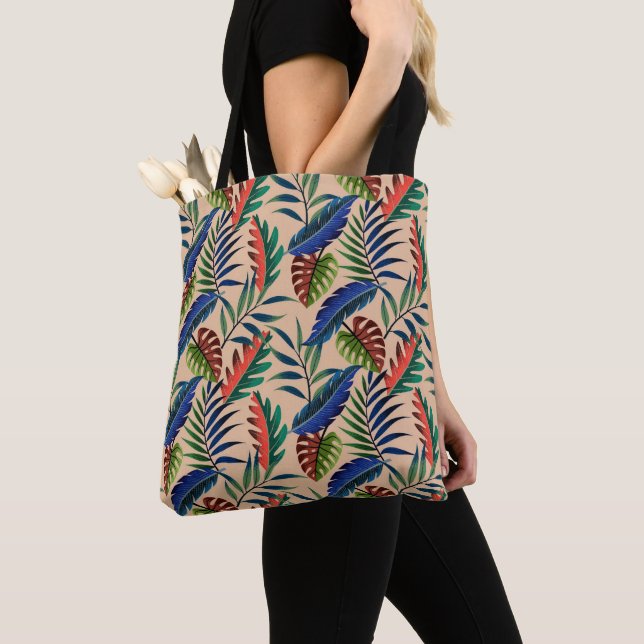 Beige Tropical Löv Mönster Tygkasse (Närbild)