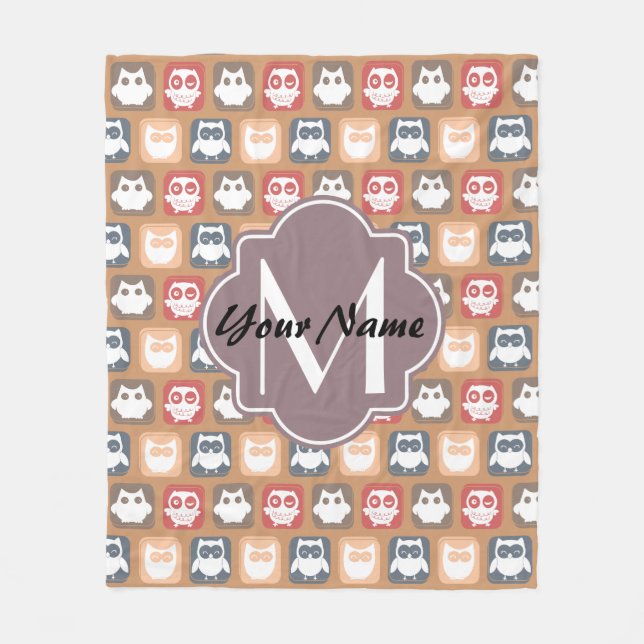 Beige Uggla Personlig Monogram och Namn Fleecefilt (Framsidan)