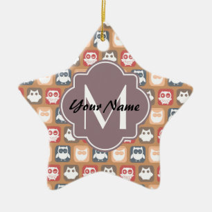 Beige Uggla Personlig Monogram och Namn Julgransprydnad Keramik