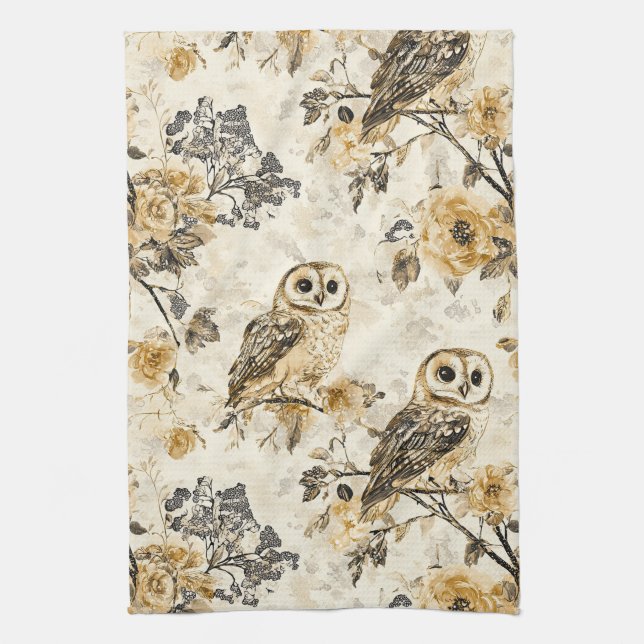 Beige Ugglas Cottagecore Blommönster Kökshandduk (Vertikal)