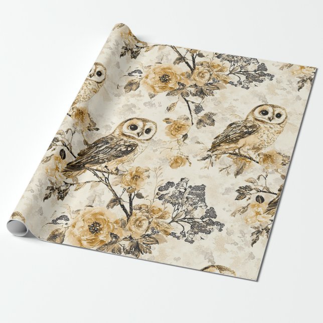 Beige Ugglas Cottagecore Blommönster Presentpapper (Utrullad)