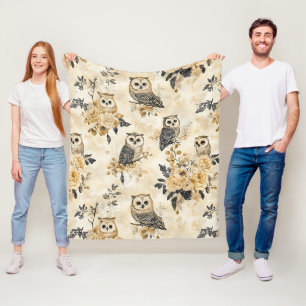 Beige Ugglor Cottagecore Blommönster Fleecefilt