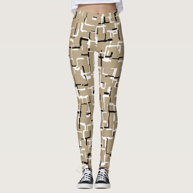 Beige Unique Black and White Mönster Leggings (Framsida)