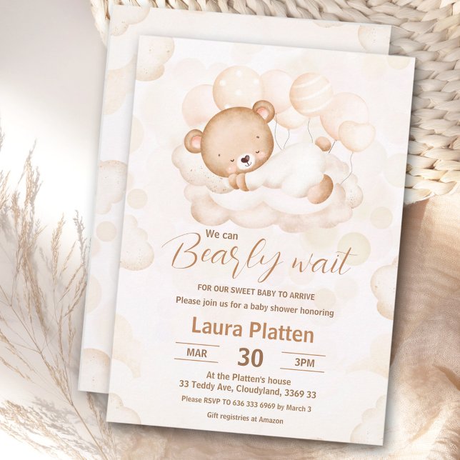 Beige vi kan bota vänta Neutralt Bear Baby Shower Inbjudningar (Beige We Can Bearly Wait Neutral Bear Baby Shower Invitation)