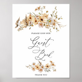 Beige vilda blommor bröllopsdusch gästbok poster