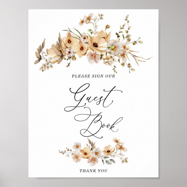 Beige vilda blommor bröllopsdusch gästbok   poster (Framsidan)