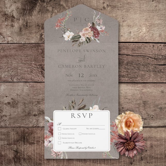 Beige Vintage Blommigt Utandningsmiddag (Beige Vintage Floral Wreath All In One Wedding Invitation with Dinner Options)