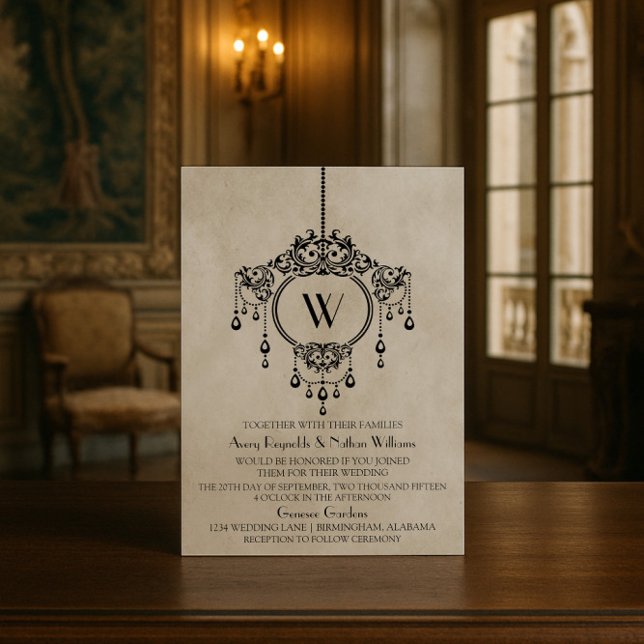 Beige Vintage Chandelier bröllopsinbjudan Inbjudningar (Beige Vintage Chandelier Wedding Invite)