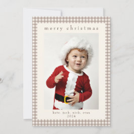 Beige Vintage Gingham Fotokort för jul Julkort