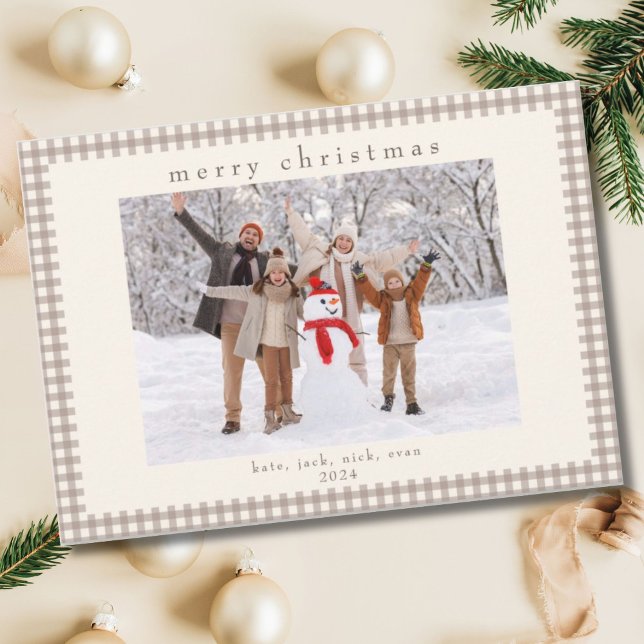 Beige Vintage Gingham Kolla julfoto Julkort (Skapare uppladdad)