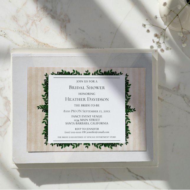 Beige Vintage Stripe Foliage Möhippa Inbjudan (Beige Vintage Striped Foliage Bridal Shower Invite)