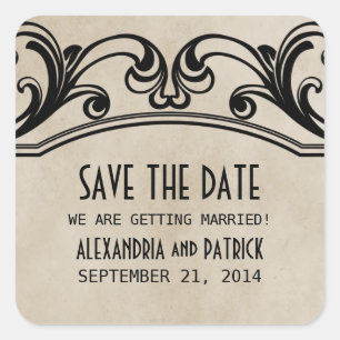 Beige Vintage Swirls Save Date Stickers Fyrkantigt Klistermärke