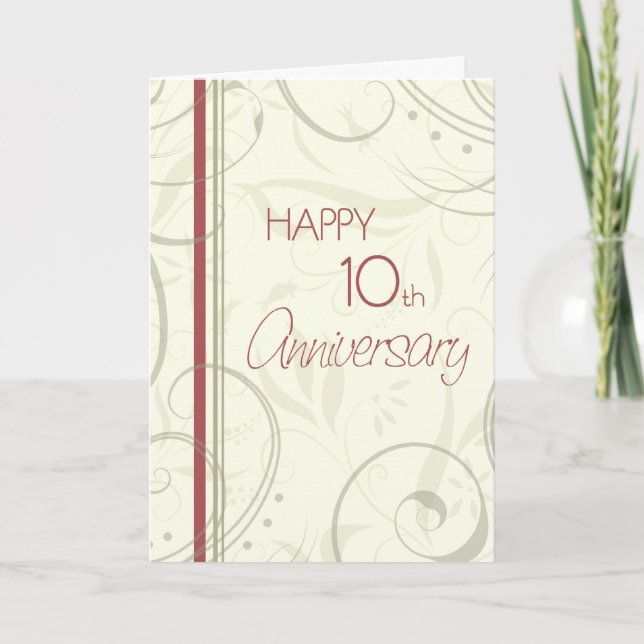 Beige Virvlar Glad 10-årsdag Kort (Framsida)