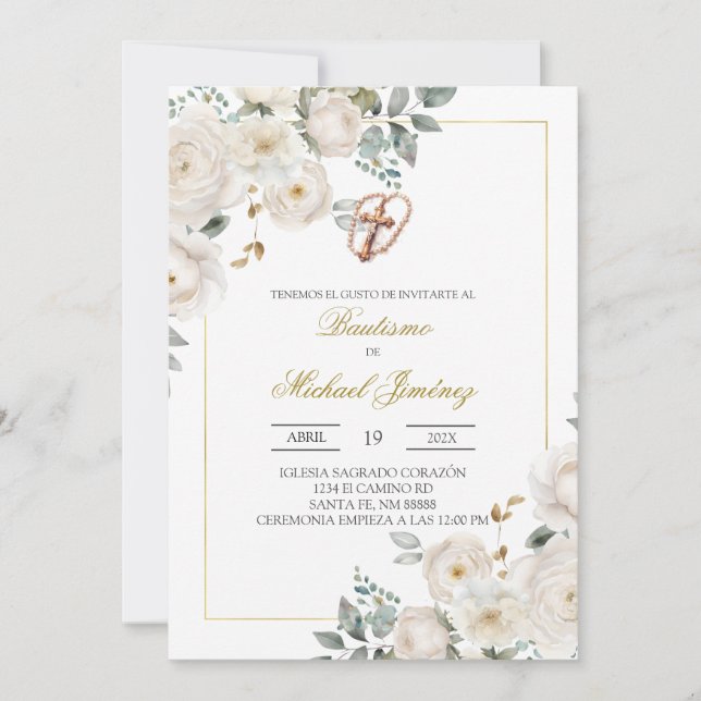 Beige vit blommande spansk dop inbjudan (Framsida)