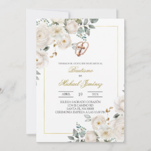 Beige vit blommande spansk dop inbjudan
