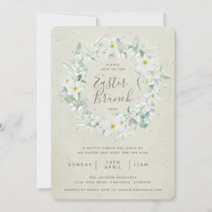 Beige + Vit blomsterkrans Påskbrunch Inbjudningar