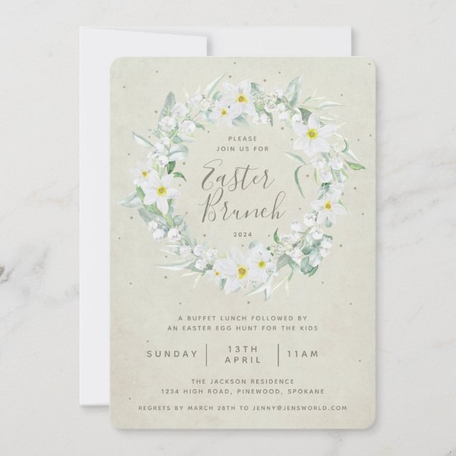 Beige + Vit blomsterkrans Påskbrunch Inbjudningar (Framsida)