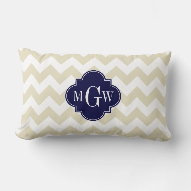 Beige Vit Chevron Marin Fyrklöver 3 Monogram Lumbarkudde (Framsida)