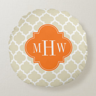 Beige, Vit Marockansk #5 Pumpkin 3 Initial Monogra Rund Kudde