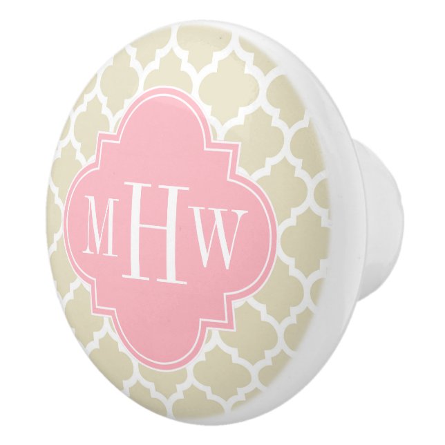 Beige, Vit marockansk #5 Rosa 3 Initialer Monogram Knopp (Höger)
