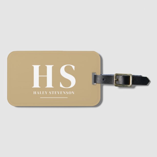 Beige & Vit Personlig Monogram Minimalistisk Skrif Bagagebricka (Framsida horisontal)