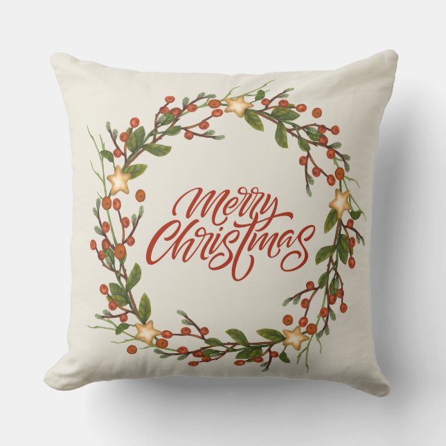 Beige Watercolor Illustration God jul Kudde (Framsida)