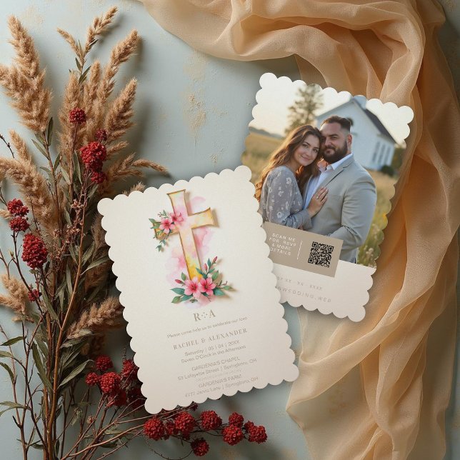 Beige Watercolor Pastel Floral Cross-Shape Wedding Inbjudningar (Beige Watercolor Style Pastel Floral Cross-Shape Christian Wedding Invitation Cards.)