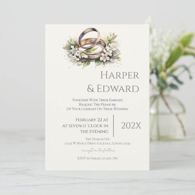 beige wedding invitation with ring inbjudningar (Stående Fram)