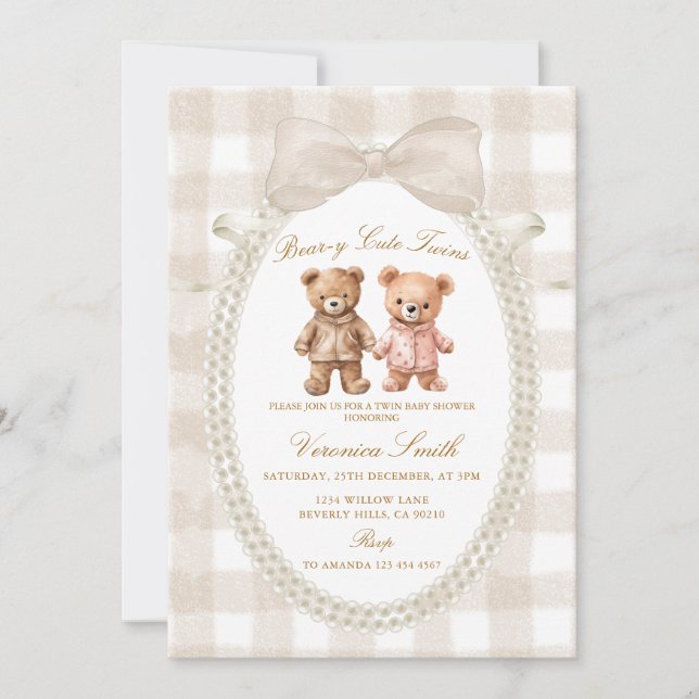 Beige White Bear-y Cute Twins Bear Baby Shower Inbjudningar (Framsida)