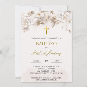 Beige White blommigt Spansk baptism-inbjudan Inbjudningar