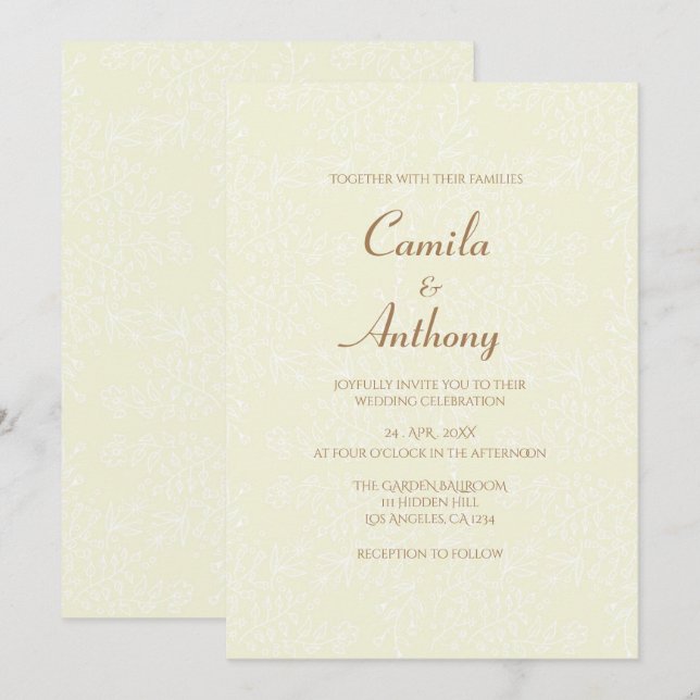 Beige White Blommönster Fullt Print Gräns Weddi Inbjudningar (Fram/baksida)