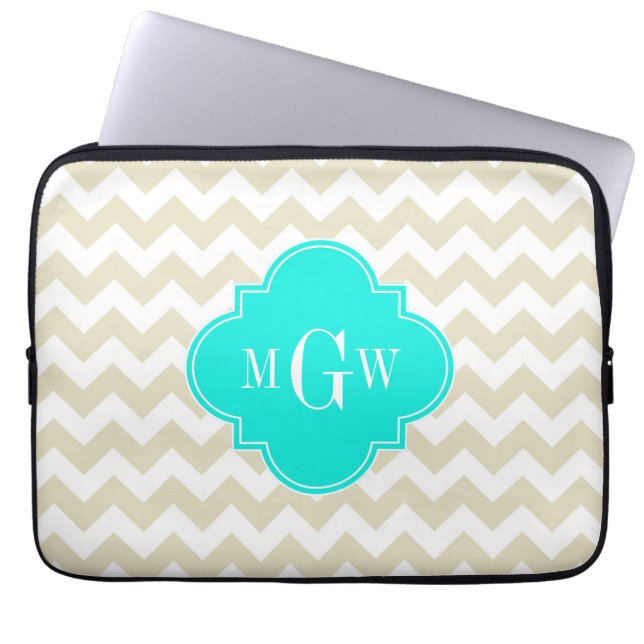 Beige White Chevron Aqua Quatrefoil 3 Monogram Laptop Sleeve (Framsidan)