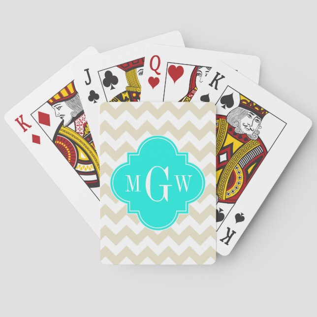 Beige White Chevron Aqua Quatrefoil 3 Monogram Spel Kort (Baksidan)