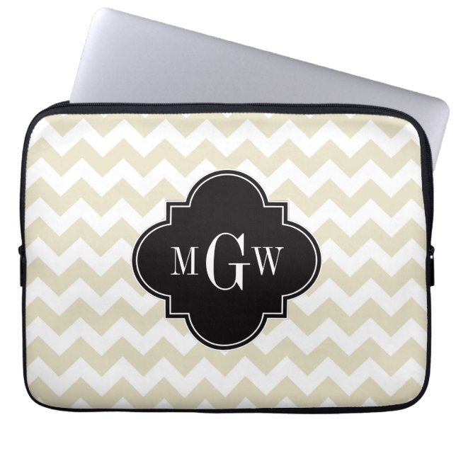Beige White Chevron Black Quatrefoil 3 Monogram Laptop Sleeve (Framsidan)