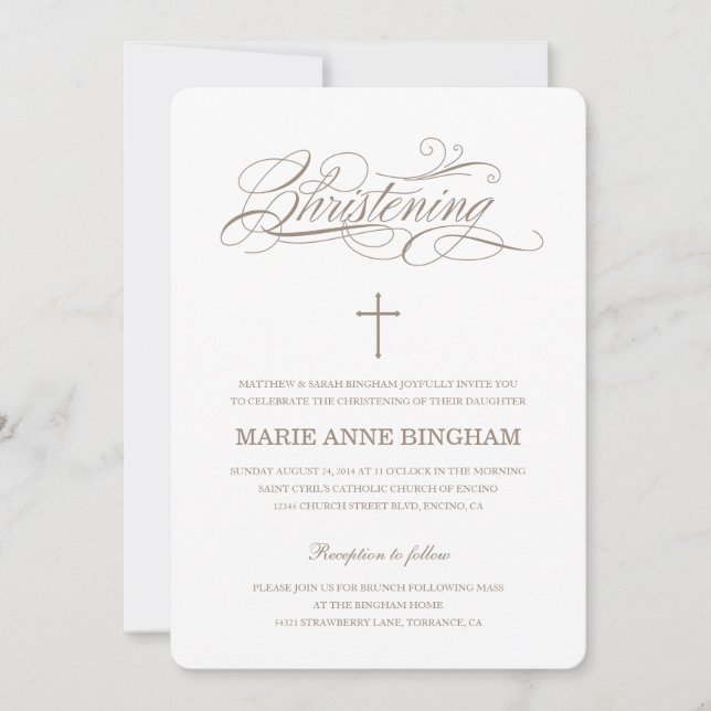 Beige White Elegant Calligraphy Christening Inbjudningar (Framsida)