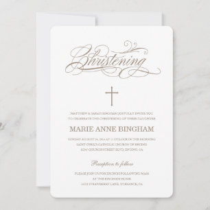 Beige White Elegant Calligraphy Christening Inbjudningar