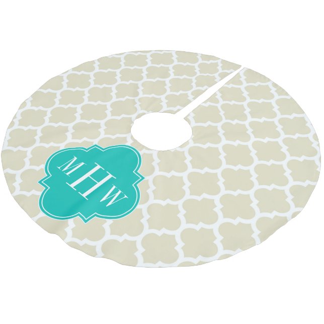 Beige White LG Chevron Teal Namn Monogram Julgransmatta Borstad Polyester (Vinklad)