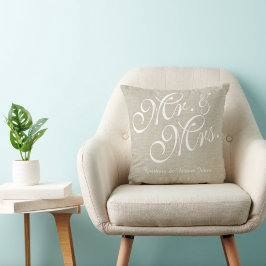 Beige White Linen Mr. och Bröllop Pillow Kudde