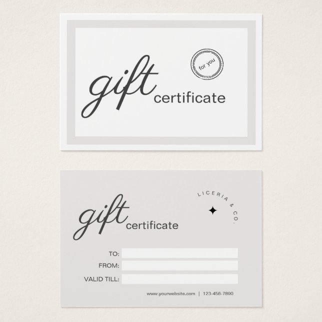 Beige White Minimalistic Business Gift Certificate Visitkort (Framsida & baksida)
