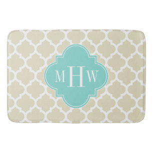 Beige, White Moroccan #5 Aqua 3 Initial Monogram Badrumsmatta