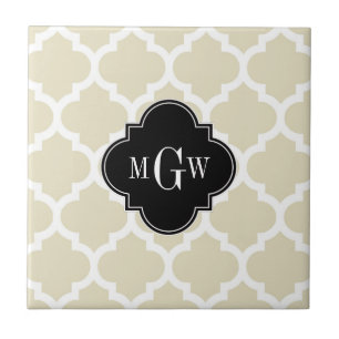Beige, White Moroccan #5 Black 3 Initial Monogram Kakelplatta