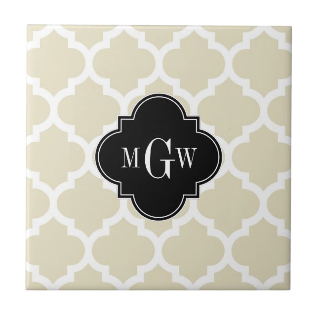 Beige, White Moroccan #5 Black 3 Initial Monogram Kakelplatta (Framsidan)