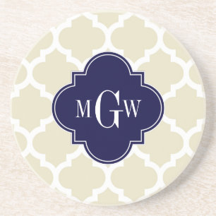 Beige, White Moroccan #5 Navy 3 Initial Monogram Underlägg