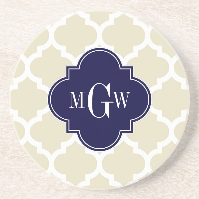 Beige, White Moroccan #5 Navy 3 Initial Monogram Underlägg (Framsidan)