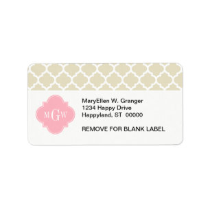 Beige, White Moroccan #5 Rosa 3 Initial Monogram Adressetikett
