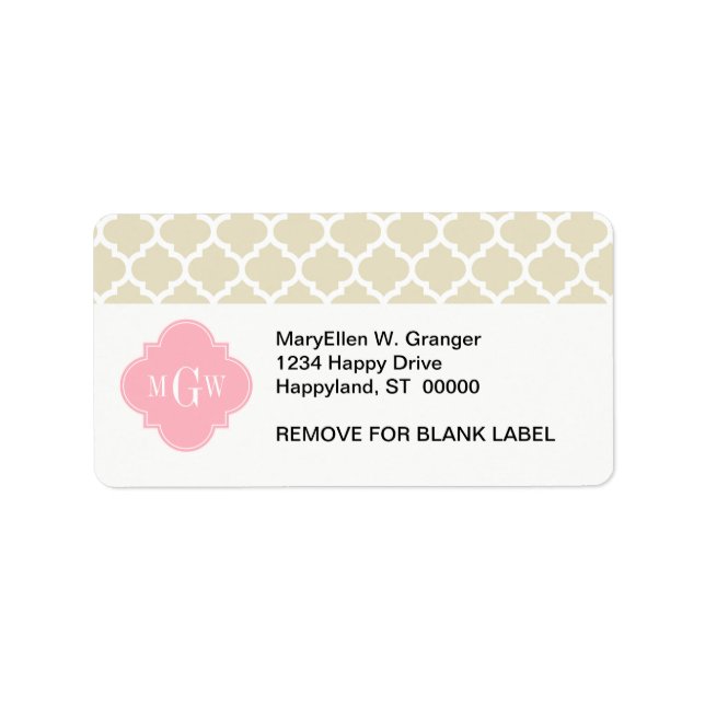 Beige, White Moroccan #5 Rosa 3 Initial Monogram Adressetikett (Framsidan)